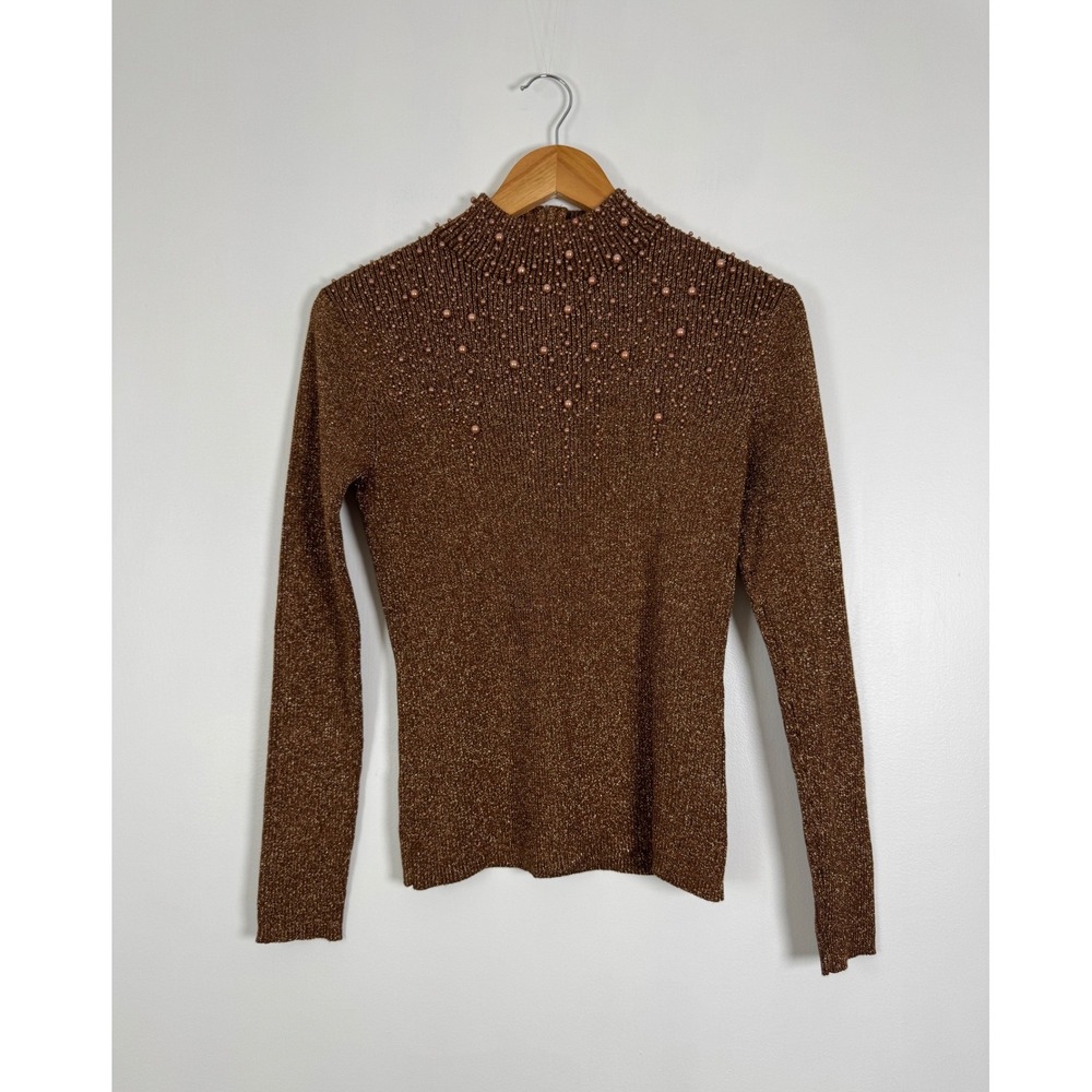 Glam Once Again Women M Sweater Bronze Metallic Pearl Mock Neck Ribbed Zip Back